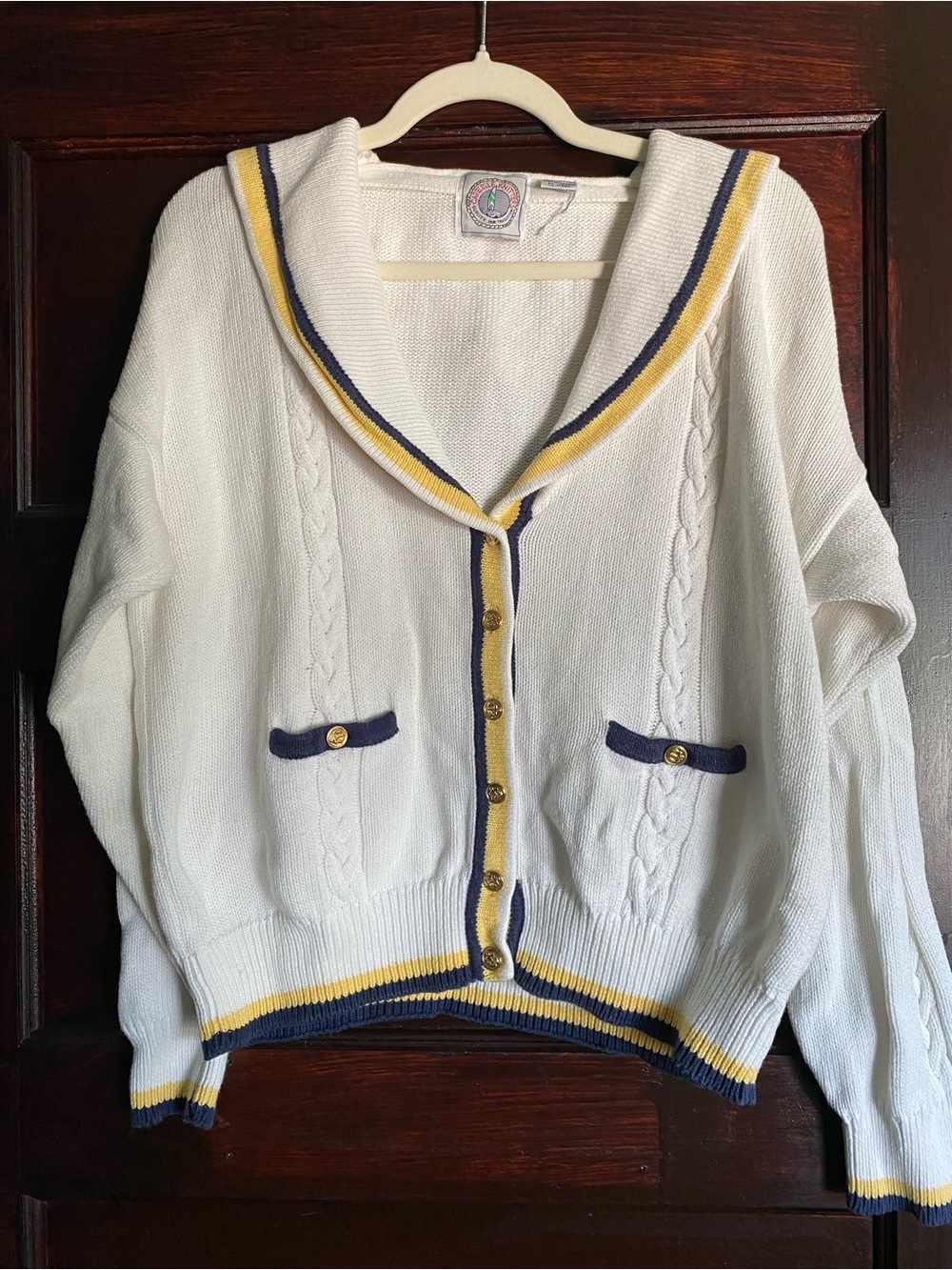 Vintage 80s Cape Isle Knitters Sailor Collar Cotton Cardigan Sweater L